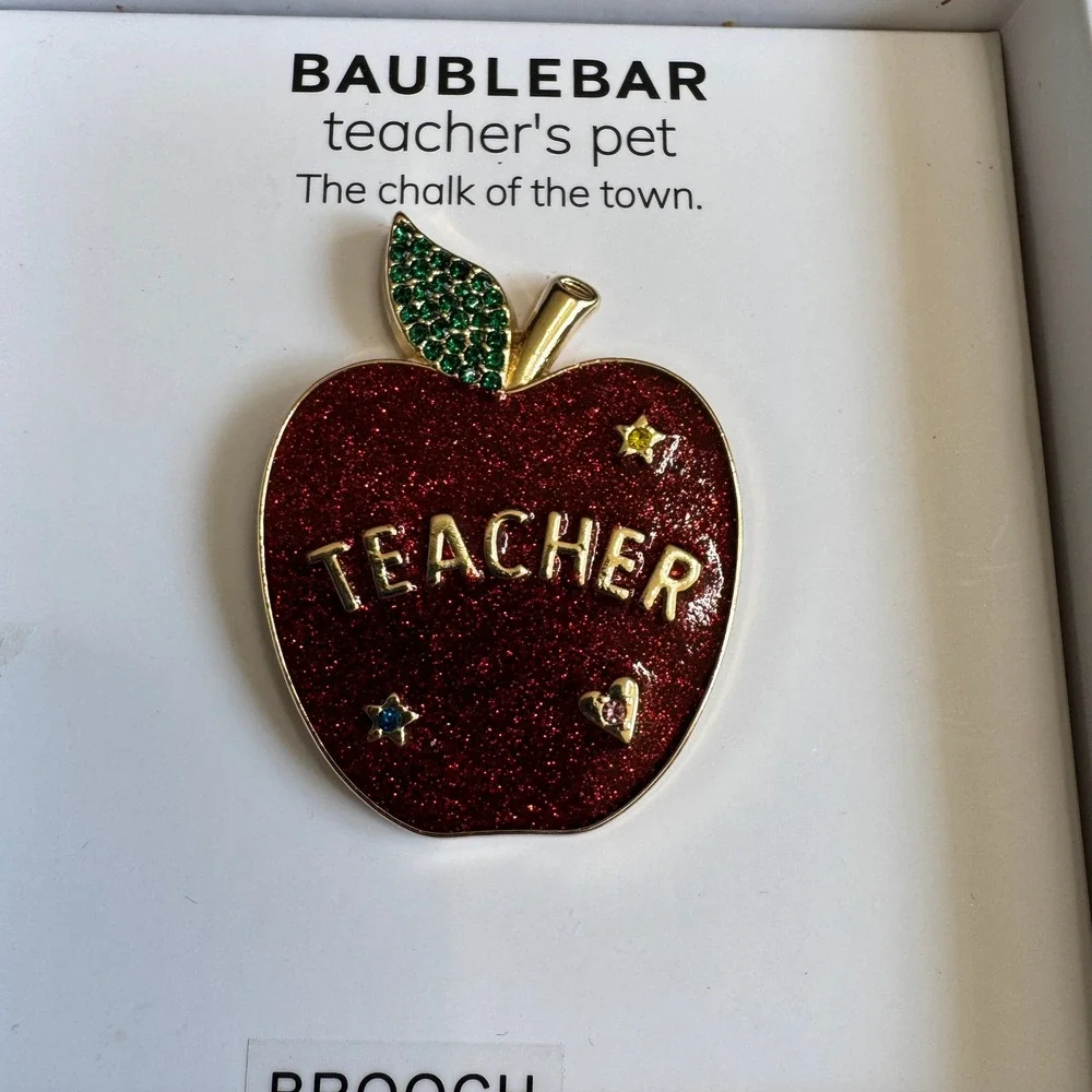 BaubleBar Teachers Pet Red Glitter Apple Brooch Pin Gold Tone Teacher Gift Boxed